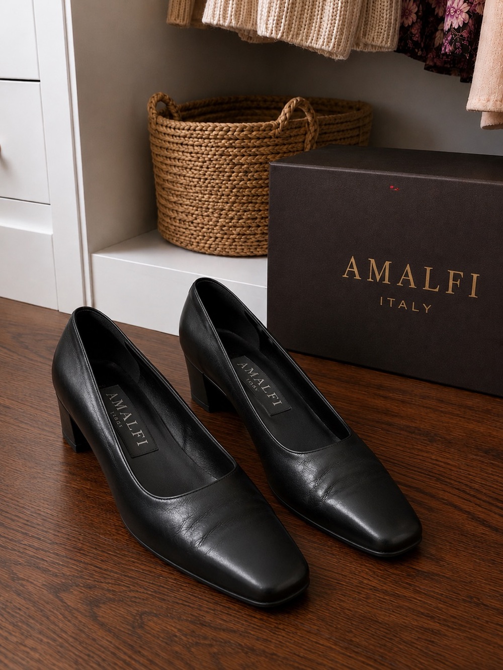 Amalfi Black Leather Mid Block Heel Pumps